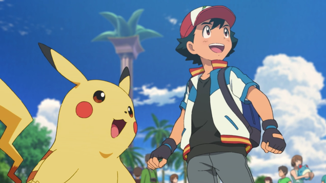 Ash and Pikachu seeing a giant floating bottle of ketchup